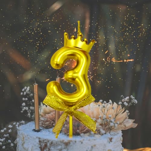 Image of KITTER 1 Pc 3 Number Candle for Birthday Cake, 3rd Birthday Cake Decoration, Three Candle with Crown on Top Metallic Gold Number Cake Topper 0-9 Number Candles for Birth day (Pack of 1, Gold colour)