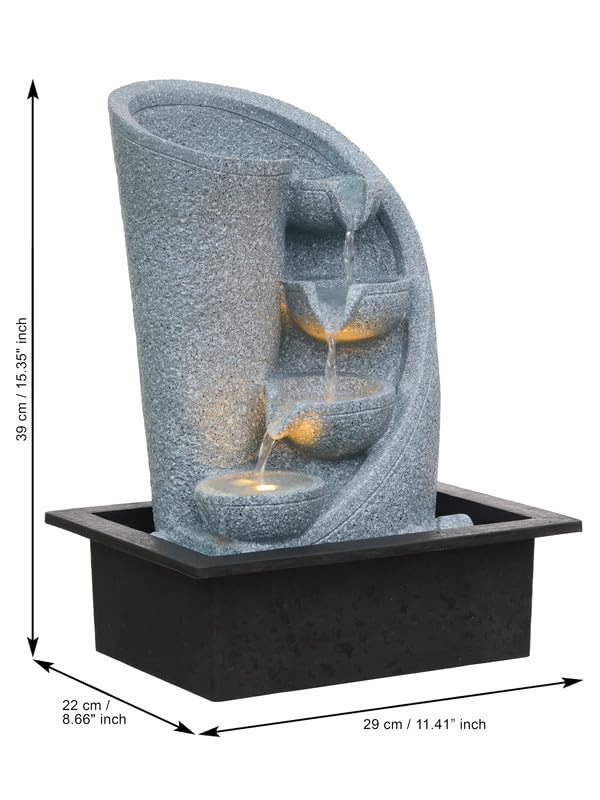 Image of Polyresin Table Top Grey Color Indoor 3 Designer Steps Waterfall Fountain for Home Decor with Yellow LED Lights & Water Flow Controller Pump (Size: 38 x 29.5 x 22CM | Weight: 1750grm)