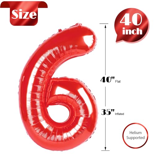 Image of Red Number 6 Balloon 40 Inch, 6th Birthday Party Decorations, Giant 6 Foil Balloon for Party Supplies