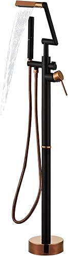 RTOBWEYE Grifo de bañera independiente negro mate, relleno de bañera de cascada de alto flujo de 360 grados, grifo de ducha de pie con asa, grifo