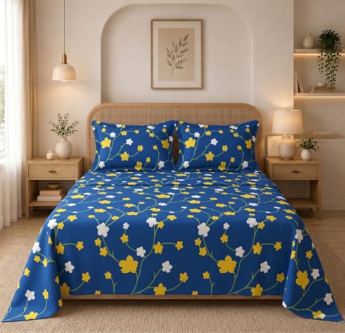 Image of HOMEKART Glace Cotton 160 TC Star Double Bedsheet with 2 King Size Pillow Covers | Soft & Durable | 86 x 88Inches (Dark Blue & Yellow)