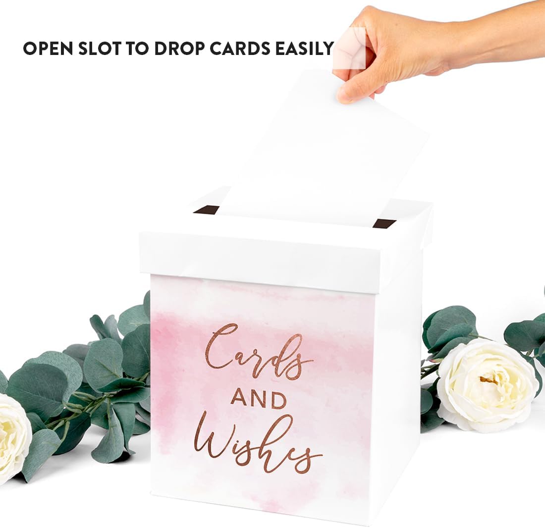 Andaz Press Sturdy White Wedding Day Card Box Pink Watercolor Wedding Gift Boxes for Cards Card Box for Bridal Shower Baby Shower Birthday Graduation Events 10x10x10 Inches