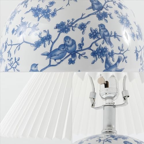 Image of JONATHAN Y 19.5 inch White /Blue Shishen Chinoiserie Ceramic Table Lamp, Traditional Hand-Painted Floral Cottage Lamp with White Pleated Linen Shade, LED Bulb Included (JYL5056B)