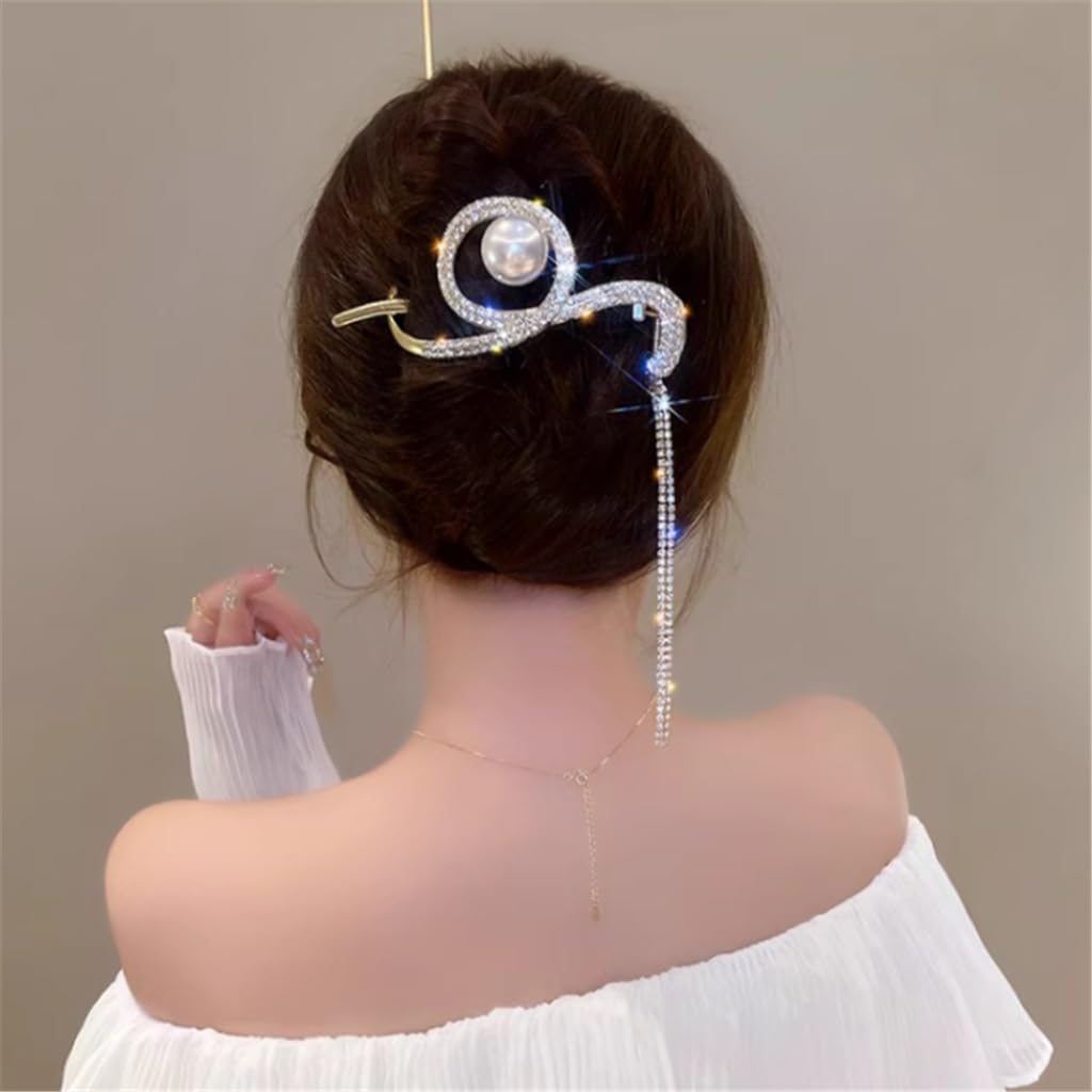 Pince à cheveux en métal JFDBGU avec pompon en perles pour chignon