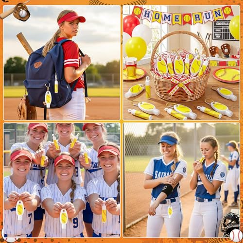 Demissle 24Pcs Softball Travel Size Mini Sunscreen and Sunscreen Lip Balm Bulk Spf Party Favors Small Sunblock with Carabiner Packet Outdoor Must Have Accessories Gifts for Team Players Fans Coach