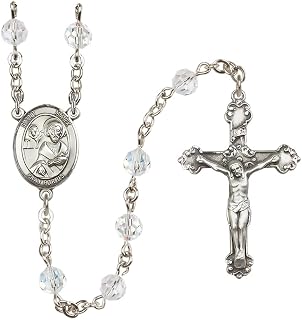 Bonyak Jewelry Sterling Silver 6mm Austrian Crystal Saint Mark The Evangelist Rosary - April White