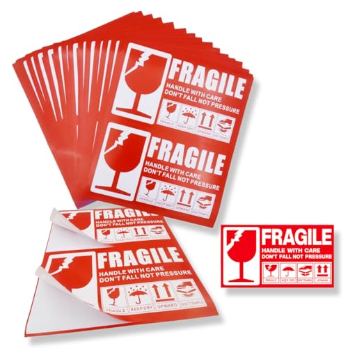 WUSJCOF 120 Stk Warnetiketten Aufkleber Zerbrechlich Fragile Paketaufkleber handle with care selbstklebend (5 x 9 cm) (Red-White) Versandaufkleber Fragile Aufkleber