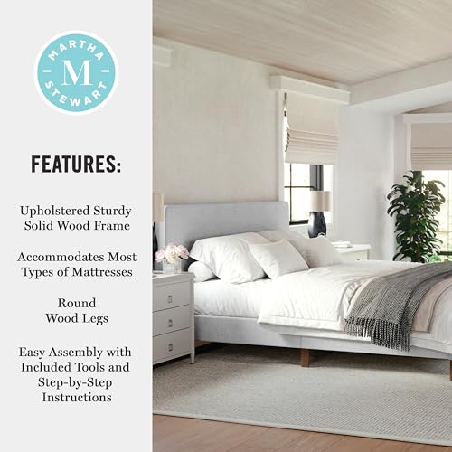 Image of Martha Stewart Britta Platform Bed with Headboard & Footboard, Faux Linen Upholstery with Piping Detail, Rounded Headboard, No Box Spring Needed, King, Gray