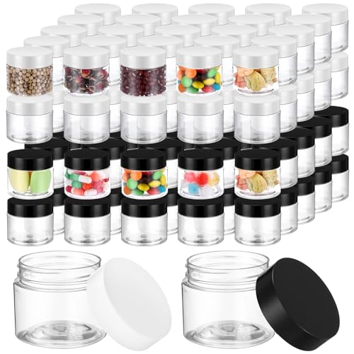 Meanplan 100 Pcs 2 oz Plastic Container Jars Clear Round Cosmetic Container with Lids, Plastic Jars with Screw Lids for Travel Storage, Kitchen Use, DIY Crafts(Black, White,PP)