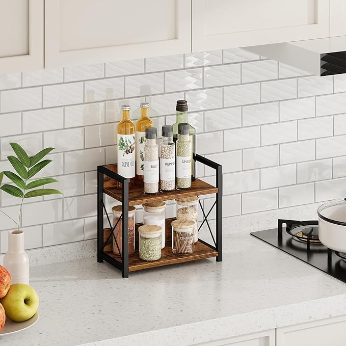 Image of OXMIC 2-Tier Countertop Organiser, Brown, Engineered Wood, Matte Finish, Modern Style, 32x21x15 cm, Lightweight