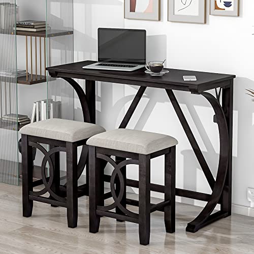 Polibi 3-Piece Farmhouse Counter Height Dining Set, Wood Kitchen Dining Table Set With Usb Port And 2 Upholstered Stools For Small Places (Espresso) #TOP17