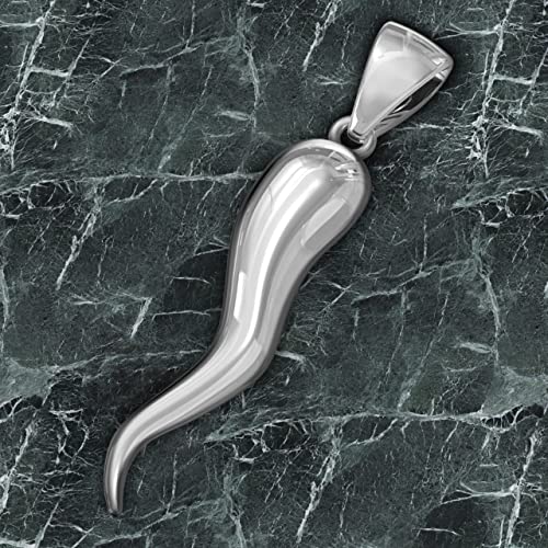 US Jewels Men's Extra Large Heavy Solid Sterling Silver Italian Horn Cornicello Pendant Necklace, 20in to 26in2