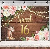 Picture of SVBright Sweet 16 Backdrop 7Wx5H Western Cowgirl Happy Birthday Rustic Country Wood Plank Pink White Floral Flower Rose Retro Boots Hat Decorations Photography Background Banner Photo Booth Studio