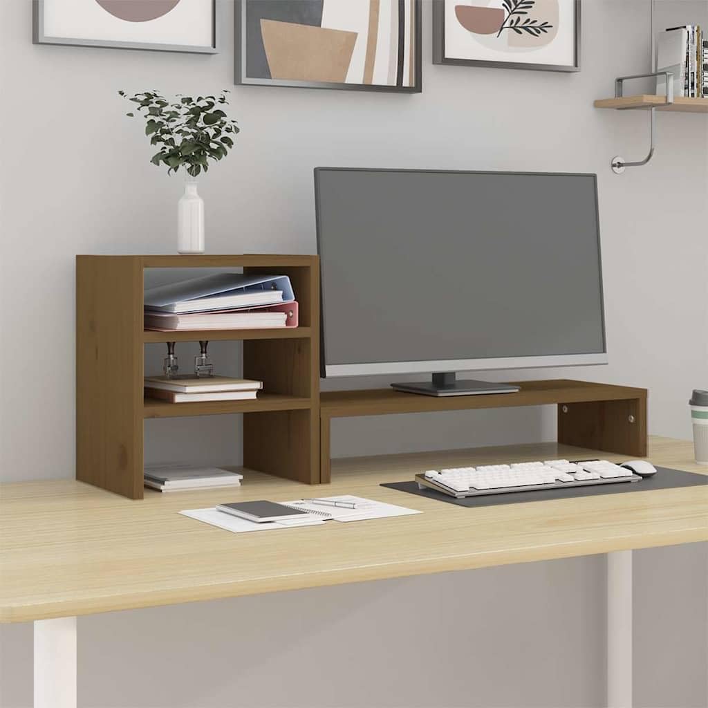 Stojak na monitor miodowo-brązowy z litego drewna sosnowego, 81 x 20 x 30 cm, z miejscem do przechowywania i półką na biurko, do domowego biura, na stół gamingowy, miejsce pracy, stojak na