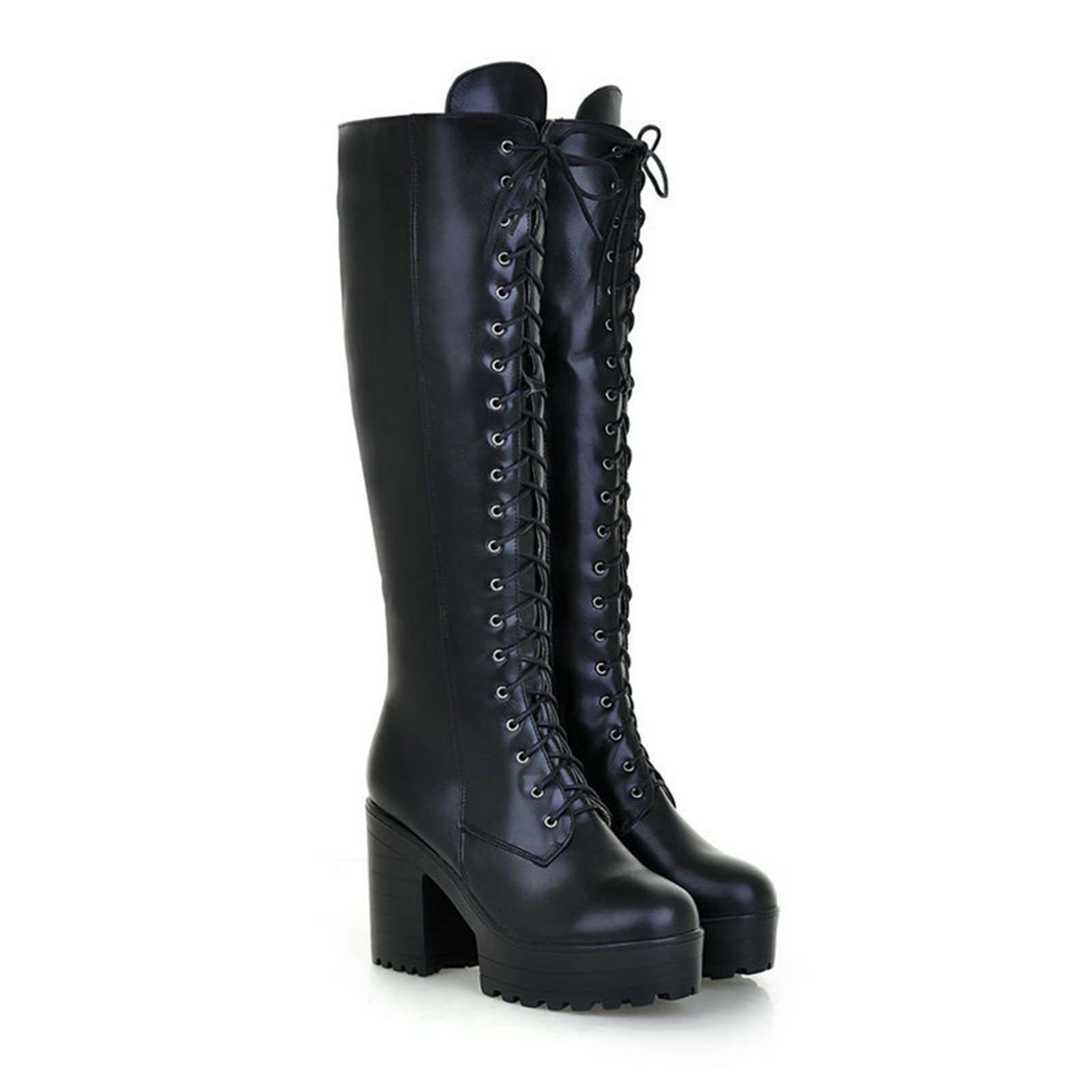 Stivali da Donna con Tacco Alto Stivali Alti Stivali con Zip Laterale Stringate con Tacco Grosso Scarpe Taglie Forti