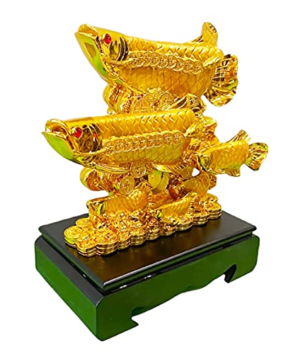 Image of Fengshui Exclusive Polyresin Set of 1 X-Large Golden Big Size Polyresin Double Arowana Fish with Money Coins Showpiece for Office Decor, Home Decoration (AF-2618)