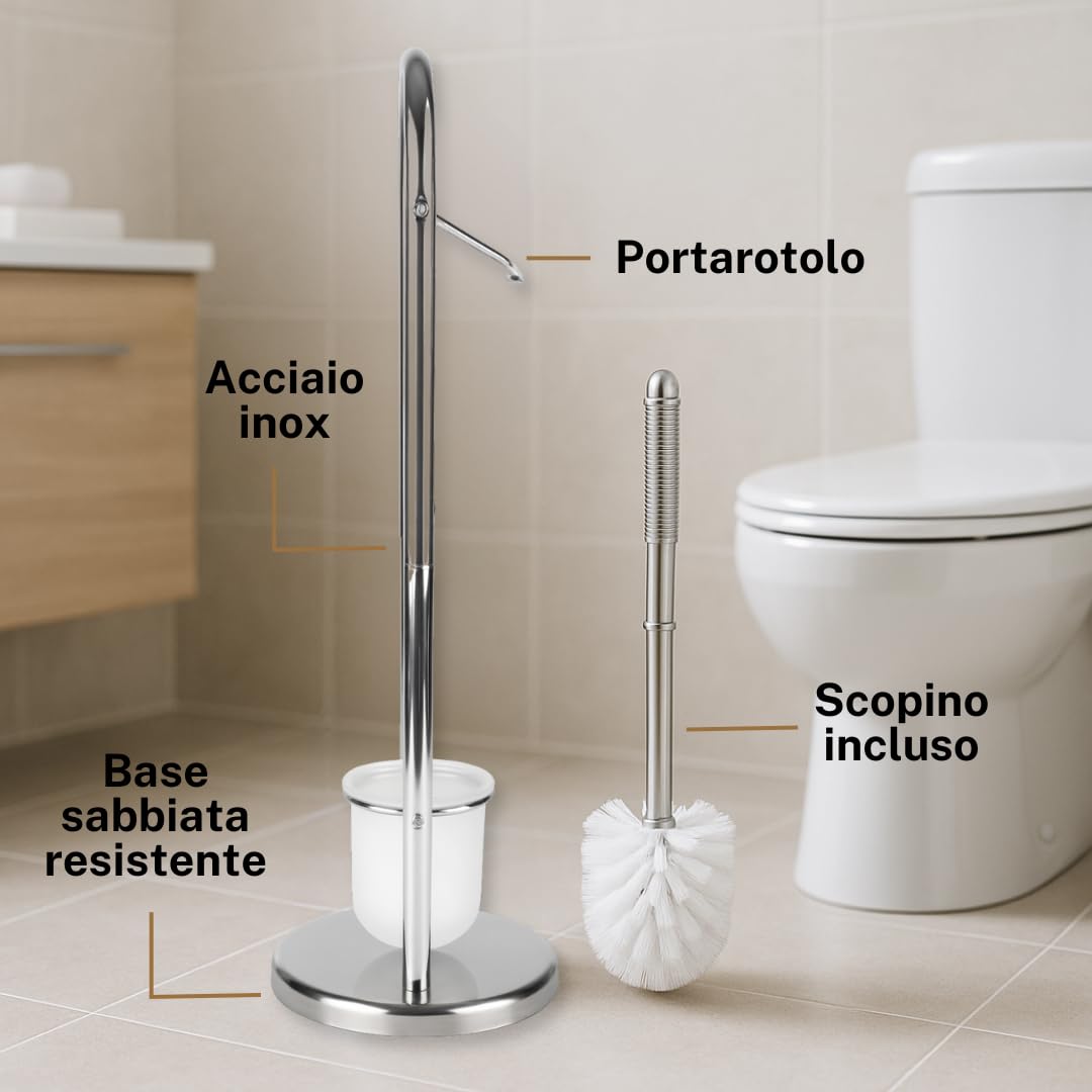 Set Porta Carta Igienica e Scopino WC - 20x65 cm Piantana da BAGNO Portarotolo e Scopino in Acciaio Inox - Porta Rotolo Carta Igienica Da Terra con Design Salvaspazio -Teddy