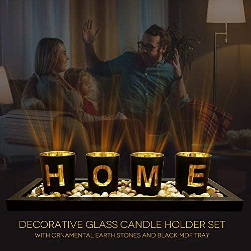Candle Holder Set, Includes Ornamental Earth Stones Black Wood Tray and 4 Glass Cups Featuring ‘HOME’ Wording, Decorative Holiday Gift for your Loved One.