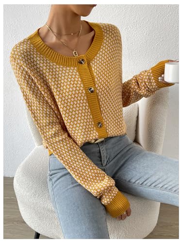Image of GORGLITTER Women's Button Up Cropped Cardigan Checkered Colorblock Long Sleeve Lightweight Cardigan Sweaters