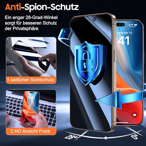 UniqueMe für iPhone 16 Pro Max für Panzerglas Sichtschutz - 2 Stück – Ansicht 4