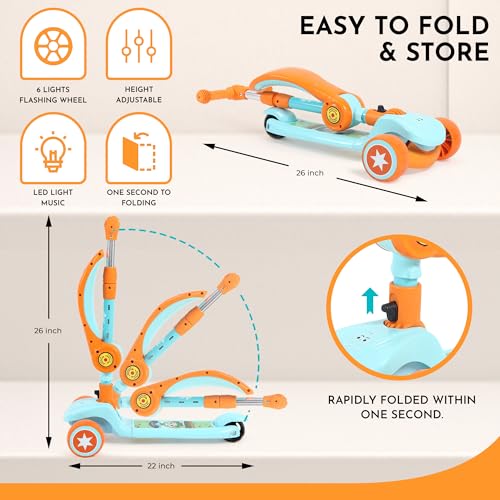 Image of 3 Wheel Kids Scooter with Foldable Seat | Adjustable Handlebar | PU LED Wheels | Light & Music Deck | Sit & Stand Kick Scooter for Boys & Girls 3-14 Years (Green & Orange)