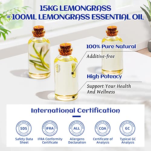 Hiqili Lemongrass Essential Oil, 100% Pure Natural Undiluted Premium Therapeutic Grade Oils - 3.38 Fl. Oz #TOP5