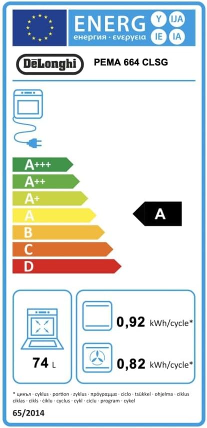 Energy efficiency label for De'Longhi PEMA 664 CLSG, showing Class A rating and 74L oven capacity.