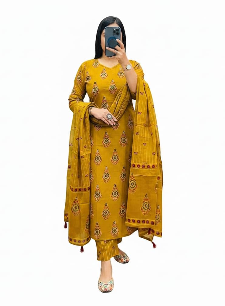 Women's Cotton Printed Kurta Pant Dupatta Set | Straight Ethnic Kurti with Matching Pants & Dupatta | Traditional Salwar Suit Set for Women | Festive Office Casual Daily-image-11