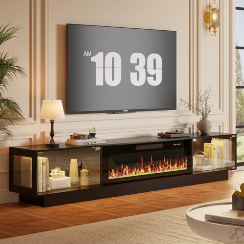 Image of WALEAF 80 inch Fireplace TV Stand, Modern Glass TV Table Stand with Fireplace for TVs Up to 90 inch, LED Light Entertainment Center with Large Storage, TV Consoles for Living Room (Black+Glass Door, 80 inch)