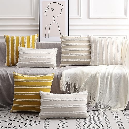 Pallene Boho Decorative Throw Pillow Covers, Neutral Striped Pillow Covers 26X26 Set Of 2, Mustard Yellow Cotton Linen Pillow Covers For Couch Sofa Living Room. #TOP5