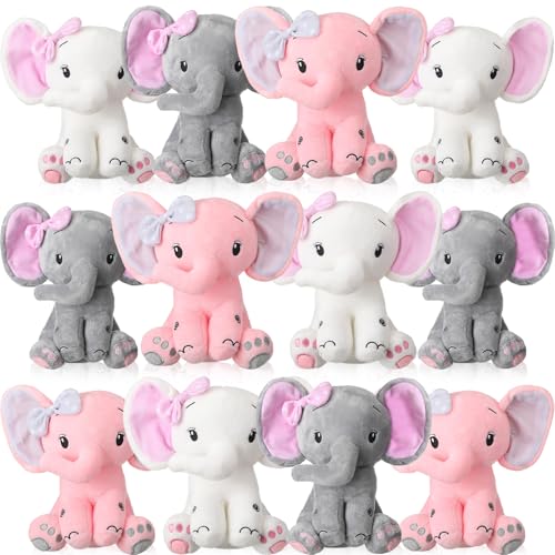 HyDren 12 Elephant Stuffed Animals 8 Inch Big Ear Stuffed Elephant Animal Plush Toy Gift for Baby Shower Boys Girl, Nursery Bed Decor Birthday Party Supplies (Pink)