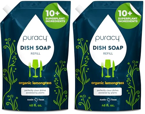 Image of Puracy Natural Dish Soap Refill - Skin-Softening Plant-Based Liquid Dishwashing Detergent Soap, Clean-Rinsing Water-Sheeting Formula (Organic Lemongrass, 48 fl oz) (Pack of 2)