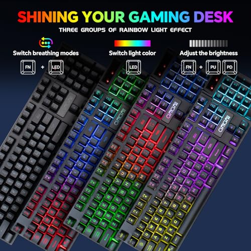 CHONCHOW USB Wireless Gaming Keyboard and Mouse Combo LED Backlit Ergonomic Mechanical Feeling Key 19 Keys Anti-ghost Rechargeable 2500mAh Battery,7D 3600DPI Mice for PC Gamer