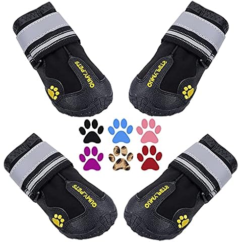 QUMY Dog Boots Waterproof Shoes for Dogs with Reflective Straps Rugged Anti-Slip Sole Black 4PCS (size 4: 2.6"x2.2"(L*W), Black-b) Cover