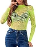 Avidlove Women's Sexy Fishnet Mesh Long Sleeve Tops Mock Neck Sheer Lace See-Through Blouse Bodycon Clubwear Party Tops Fluorescent Green