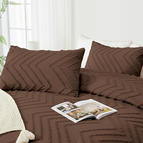 Image of Andency Brown Comforter Set Full Size, Boho Soft Warm Tufted Bedding Comforter Sets for Full Size Bed, 3 Pieces Aesthetic Chevron Farmhouse Cute Bohemian Textured Bed Set