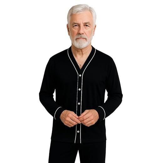 Pijama Americano Masculino Adulto Inverno Calça Manga Longa Pós Cirúrgico Botões que Abrem