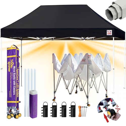 Image of Tradesparker 8x12 Pop Up Canopy Tent,Commercial Movable Canopy with ApexCore LED&Rugged Casters-Instant Easy Setup Shelter Canopies with Weight Bags&Stakes for Outdoor Events Markets Vendors,Black