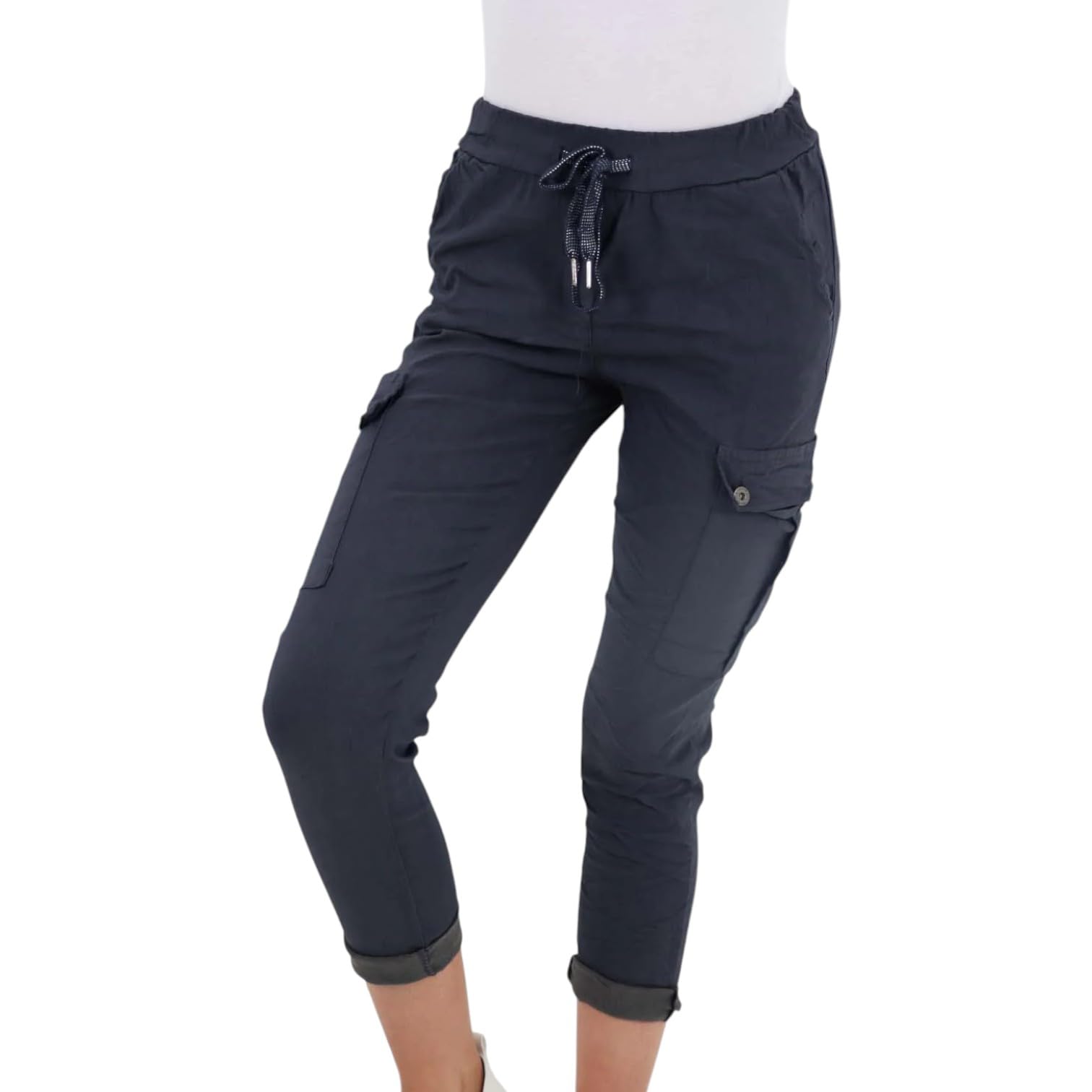 SXME MIGHT SAY Italian Drawstring Waistband Magic Cargo Trousers for Women – Stylish, Comfortable & Versatile Everyday Pants (UK, Numeric, 8, 14, Regular, Regular, Navy Blue)