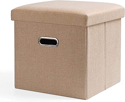 Tabouret coffre en lin beige pliable pour ranger les jouets