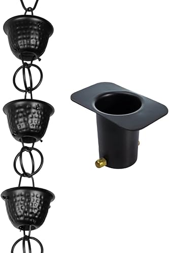 Monarch Rain Chains Cadena de lluvia de copa martillada con adaptador de canalón, repuesto de aluminio negro de 8.5 pies y adaptador de canalón de