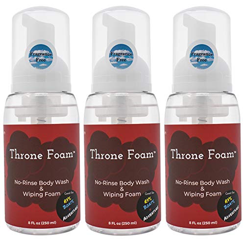 Throne Foam Waterless Cleansing Foam: No Rinse Body Wash & Wiping Foam - Foaming Shower in a Bottle for Camping, RVs, Boats - Wet Wipes Bathing Alternative - Fragrance Free, 8 Fl Oz, 3 Pack