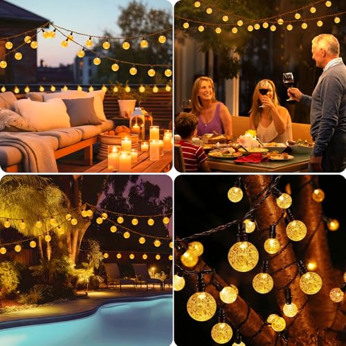 litogo Solar Lichterkette Aussen, 15M LED Lichterkette Außen Solar Wetterfest, 8 Modi Kristall Kugeln mit Memory-Funktion, Solarlichterkette Outdoor für Balkon, Garten, Terrasse, Partys, Warmweiß