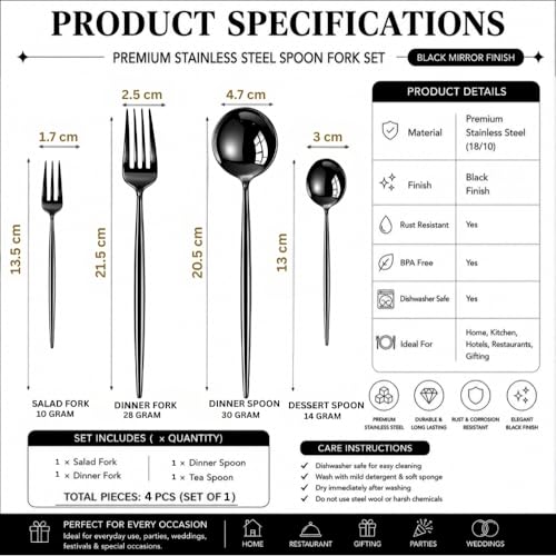 Image of Classic Black 4 Pcs Stainless Steel Cutlery Set for Dining Table, Dishwasher Safe Glossy Flatware (Perfect Spoon Fork Set)