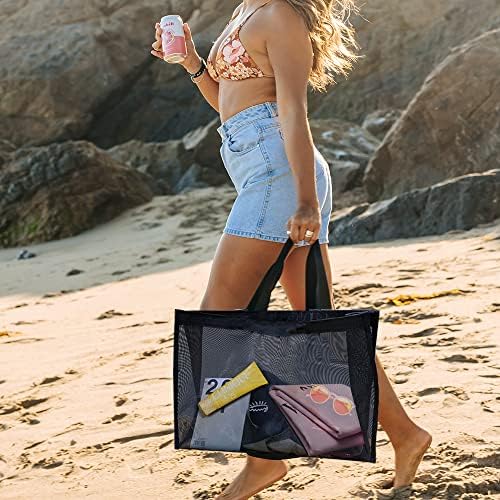 EQLEF Large Beach Bag with Zip, Mesh Beach Bag for Women Beach Tote Bag Foldable Storage Net Bag for Beach, Shopping, Outdoor Activities