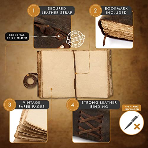 Image of ALCRAFT Leather Journal Vintage Leather Bound Handmade Antique Deckle Edge Paper Sketchbook Book Of Shadows Thick Journal For Men And Women