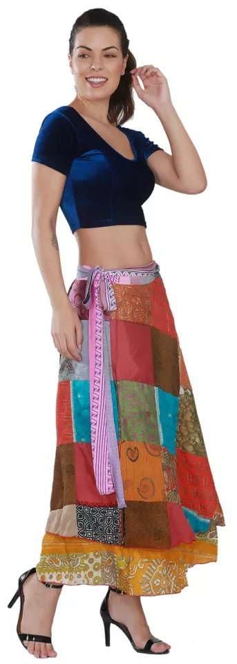 YILLE Boho Sari Silk Vintage Patchwork Wraparound Long Skirt for Women Ethnic Tie Waist Gypsy Skirt Multicolor Asymmetrical Free Size, Ethnic Fashion for Any Occasion and Casual Outings (Pack of 2)3