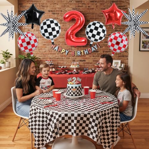 Image of TONIFUL Race Car Party Balloons Set - 40 Inch Red Number 2 Foil Balloon with Checkered Round, Explosion Star & Star Balloons for Boys 2nd Birthday Car Themed Decorations, Photo Backdrop Supplies