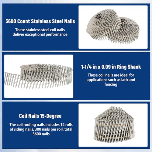 Image of 3600 Count Stainless Steel Siding Nails 15-Degree Collated Wire Coil 1-1 /4 Inch, 0.09 Inch Ring Shank Siding Nails