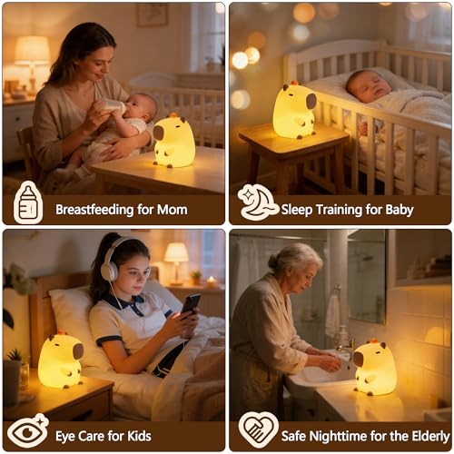 Image of FAMIDUO Capybara Night Light,Cute Tangerine LED Squishy Novelty Animal Night Lamp,Dimmable Soft Silicone Nursery Nightlight for Kids, Rechargeable Bedroom Touch Lamp, Dorm Decor, Baby Boys Girls Gift